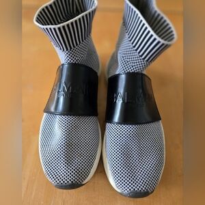 Balmain Cameron knit logo strap slip-on sneakers in black and white 7.5/ 38